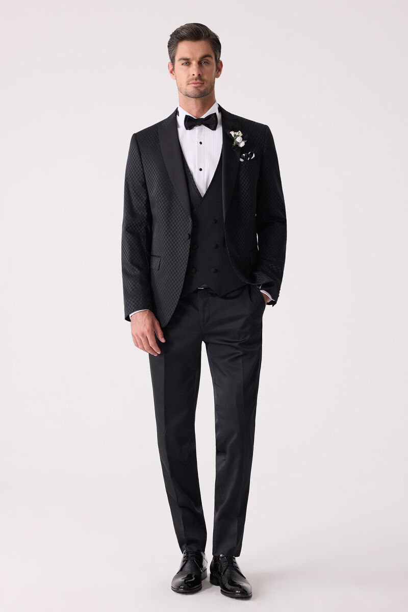 Erkek Siyah Kırlangıç Yaka Yelekli Desenli Slim Fit Damatlık - 3