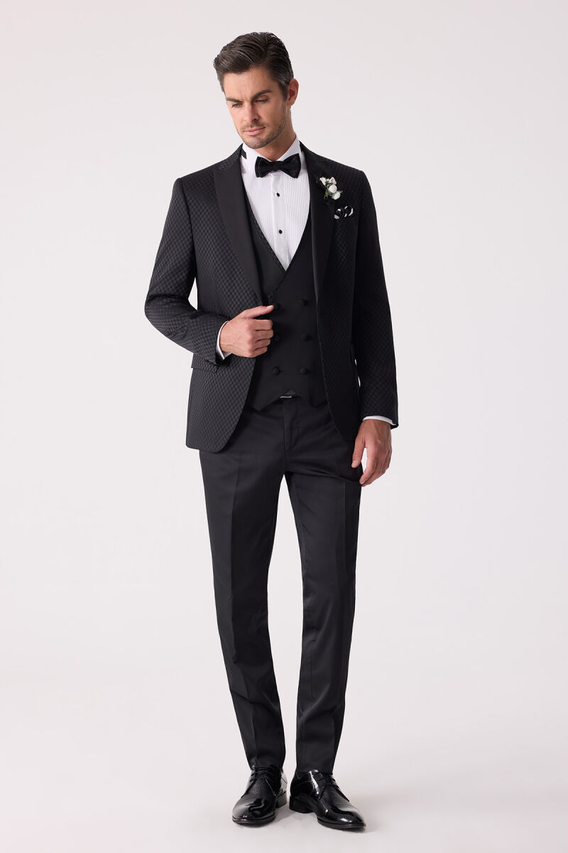 Erkek Siyah Kırlangıç Yaka Yelekli Desenli Slim Fit Damatlık - 4