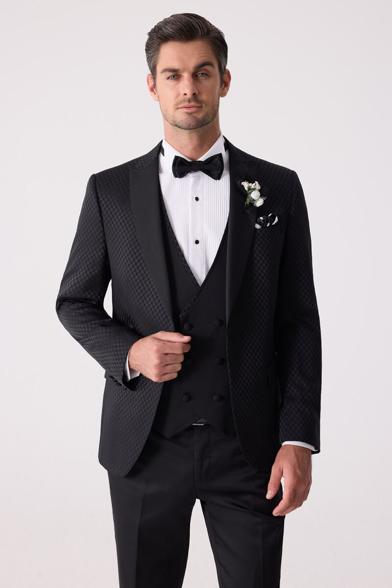 Erkek Siyah Kırlangıç Yaka Yelekli Desenli Slim Fit Damatlık - 5