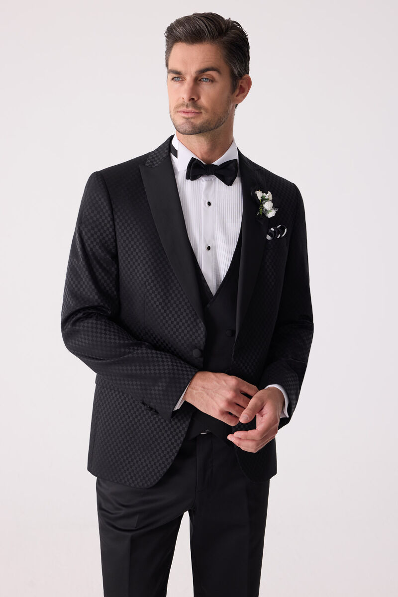 Erkek Siyah Kırlangıç Yaka Yelekli Desenli Slim Fit Damatlık - 6