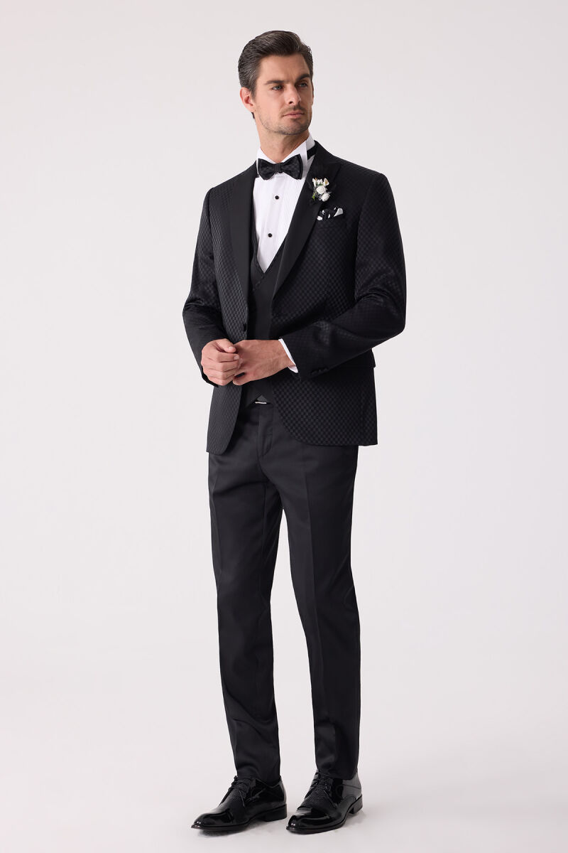Erkek Siyah Kırlangıç Yaka Yelekli Desenli Slim Fit Damatlık - 7