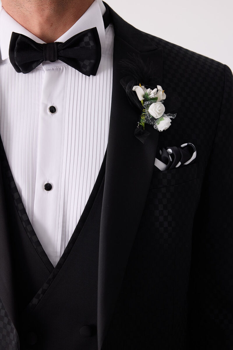 Erkek Siyah Kırlangıç Yaka Yelekli Desenli Slim Fit Damatlık - 8