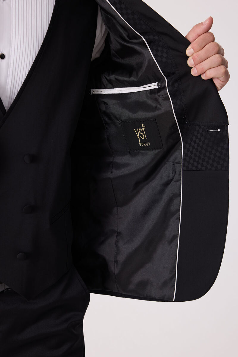 Erkek Siyah Kırlangıç Yaka Yelekli Desenli Slim Fit Damatlık - 9