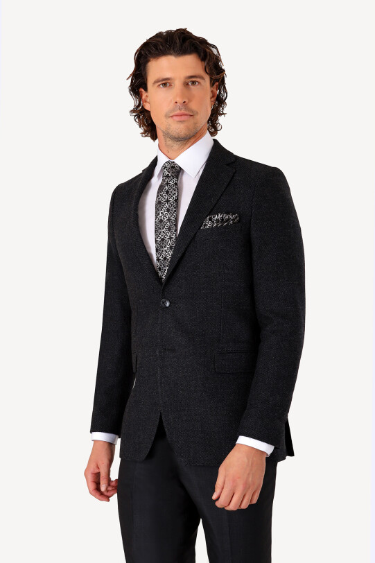 Erkek Siyah Kışlık Yünlü Regular Fit Desenli Tek Ceket