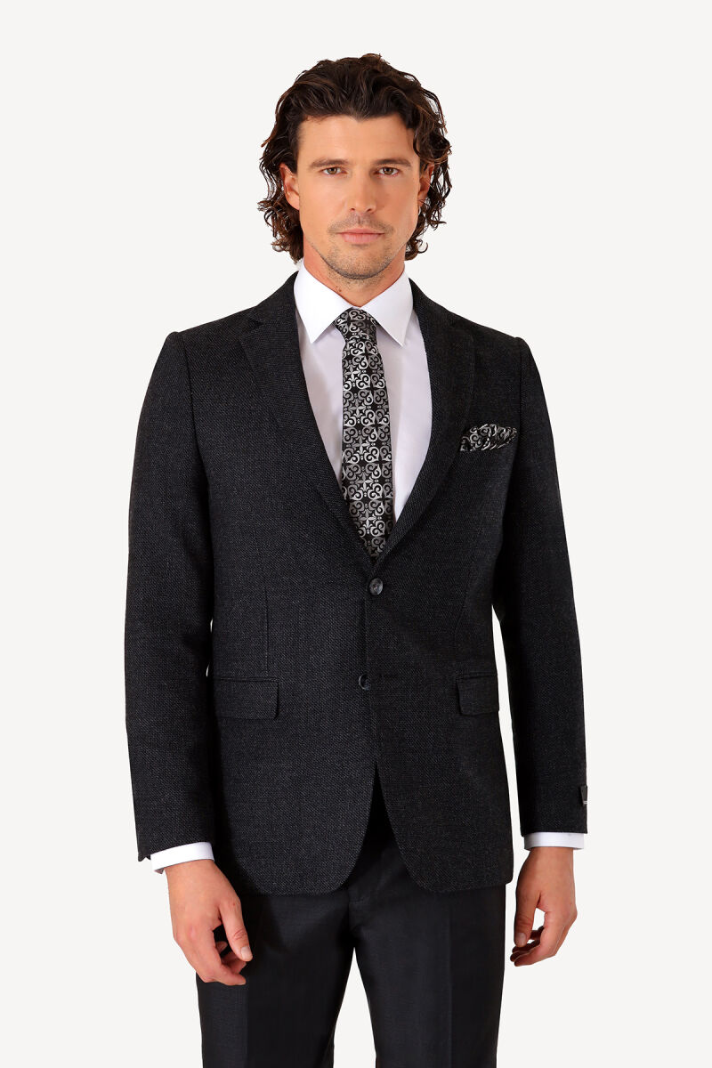 Erkek Siyah Kışlık Yünlü Regular Fit Desenli Tek Ceket - 2