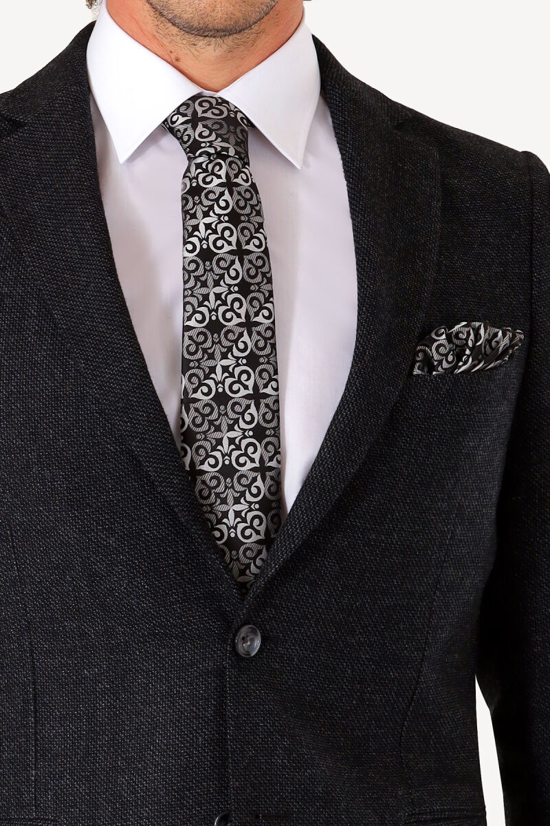 Erkek Siyah Kışlık Yünlü Regular Fit Desenli Tek Ceket - 4