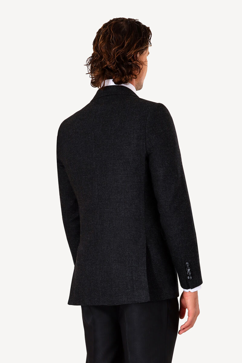 Erkek Siyah Kışlık Yünlü Regular Fit Desenli Tek Ceket - 5