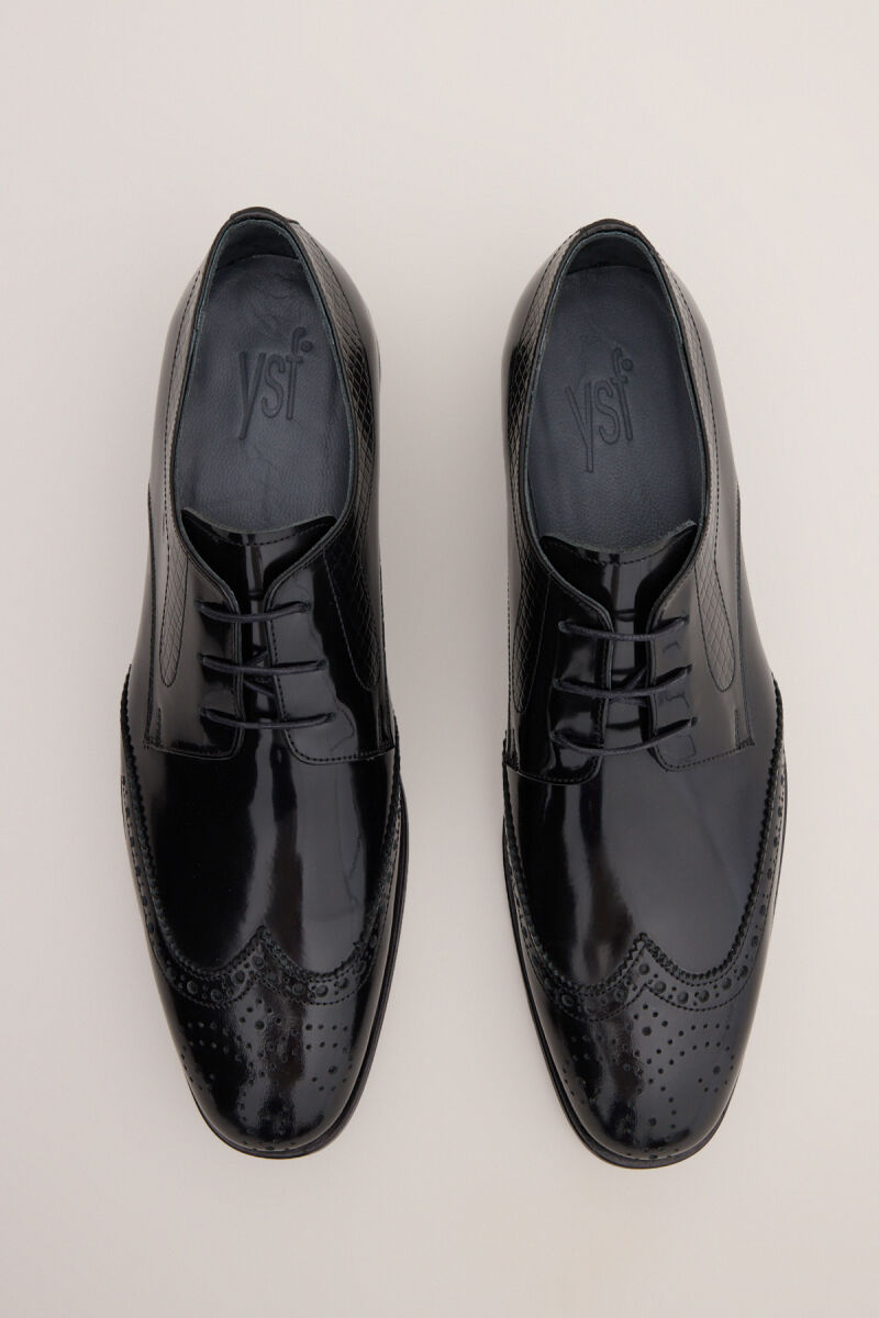 Erkek Siyah Klasik Bağcıklı Desenli Rugan Ayakkabı - 3