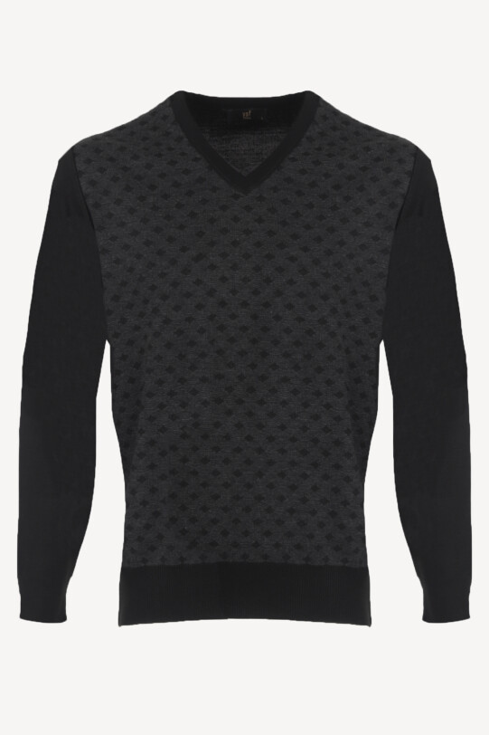 Erkek Siyah Klasik Desenli Yünlü V Yaka Triko