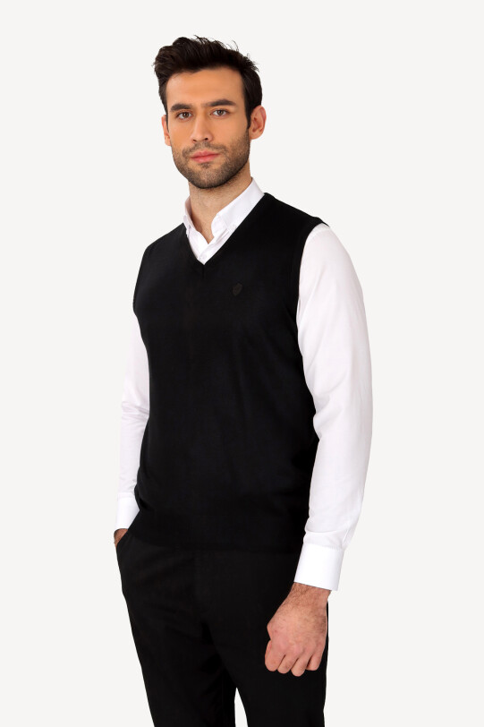 Erkek Siyah Klasik Yünlü V yaka Triko Süveter