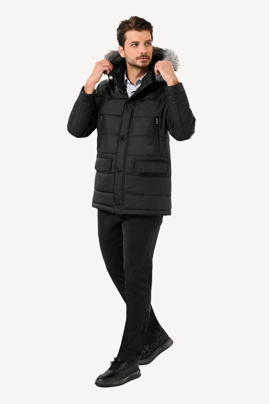 Erkek Siyah Kürklü Yaka Kaban