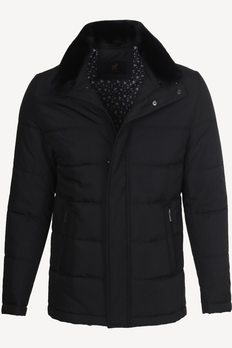 Erkek Siyah Kürklü Yaka Klasik Kaban - 1