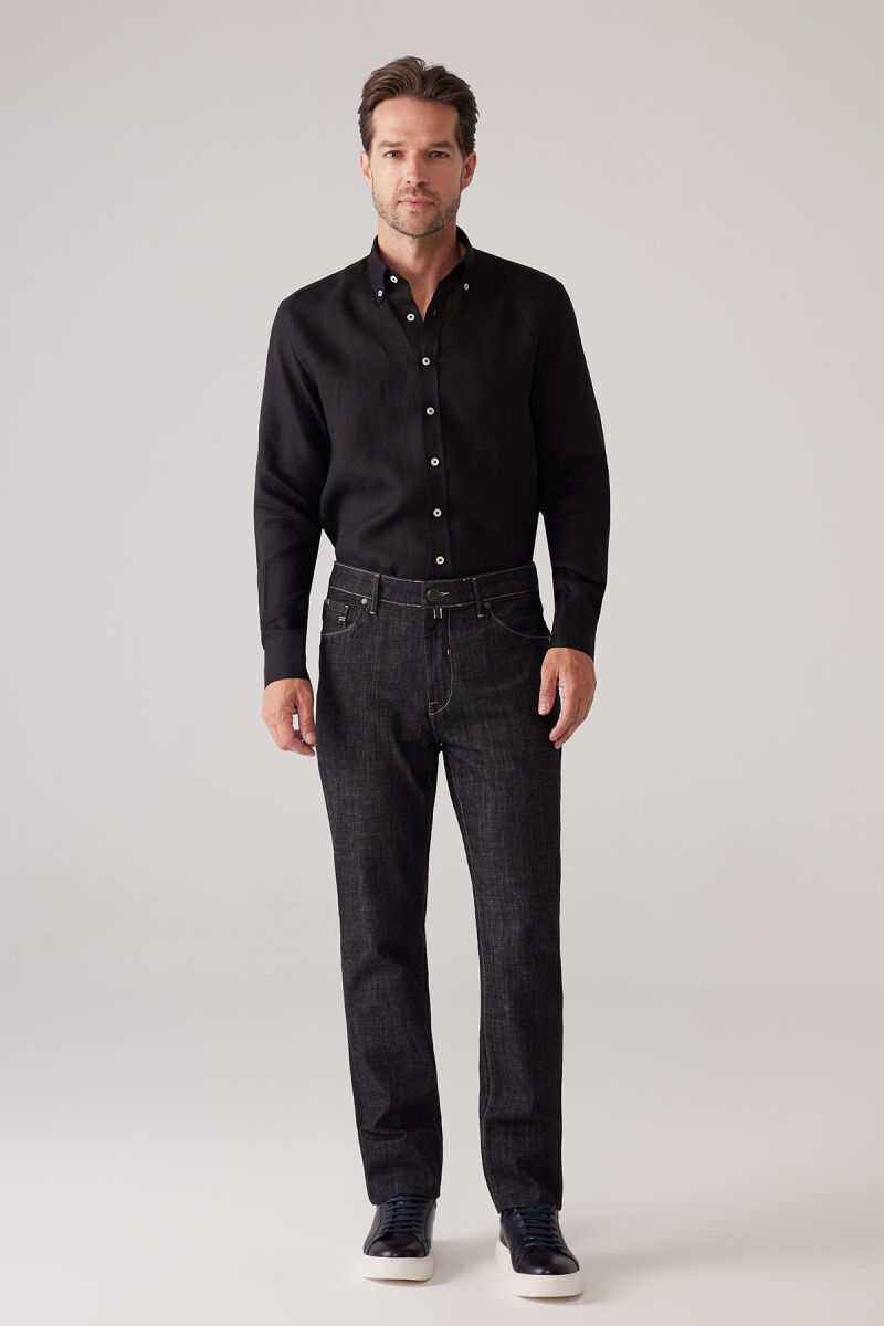 Erkek Siyah Likralı Pamuklu Regular Fit Jean Kot Pantolon - 3