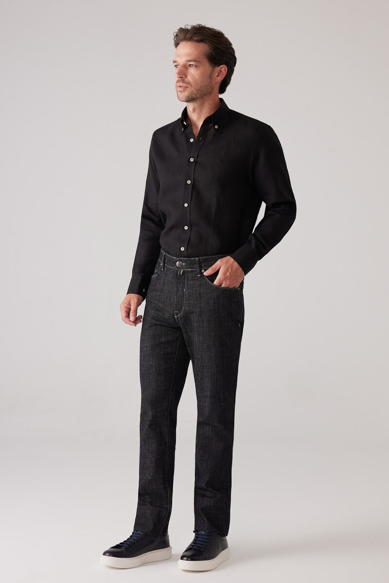 Erkek Siyah Likralı Pamuklu Regular Fit Jean Kot Pantolon - 4