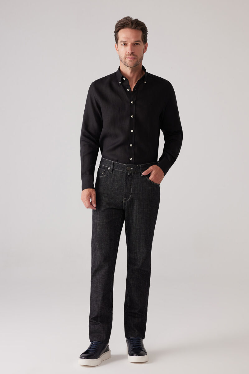 Erkek Siyah Likralı Pamuklu Regular Fit Jean Kot Pantolon - 5