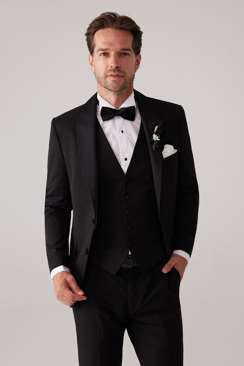 Erkek Siyah Mono Yaka Slim Fit Yelekli Damatlık - 1
