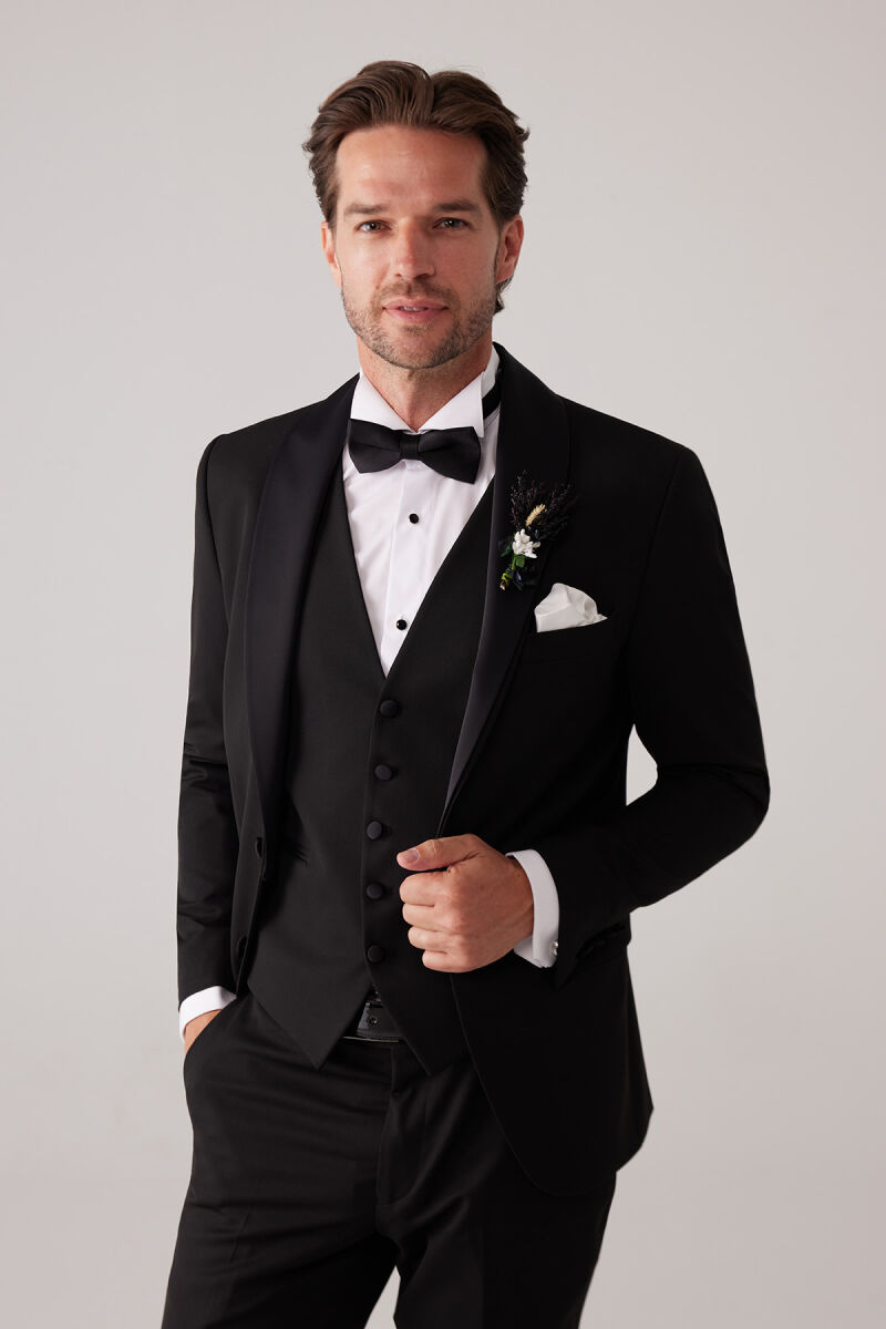 Erkek Siyah Mono Yaka Slim Fit Yelekli Damatlık - 2