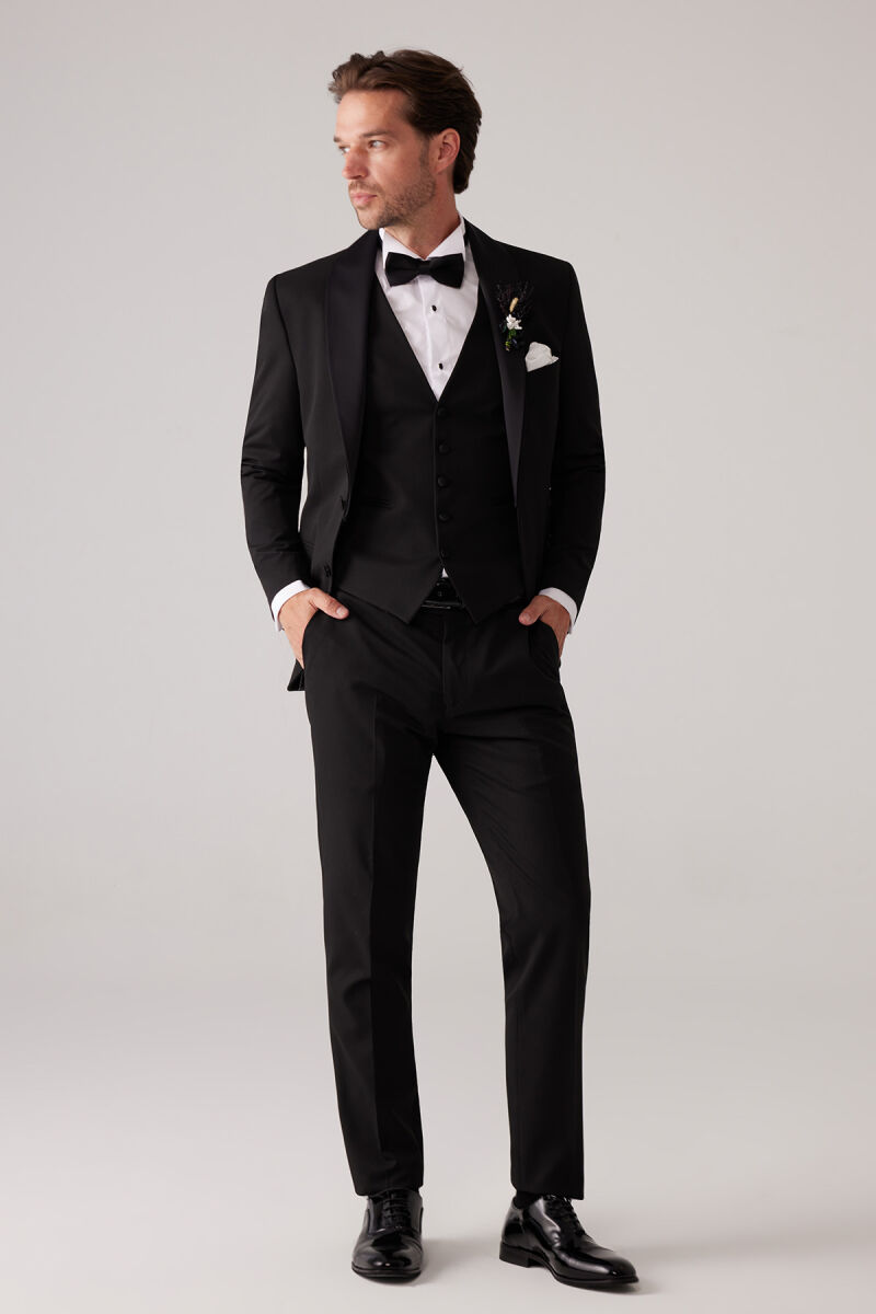 Erkek Siyah Mono Yaka Slim Fit Yelekli Damatlık - 3