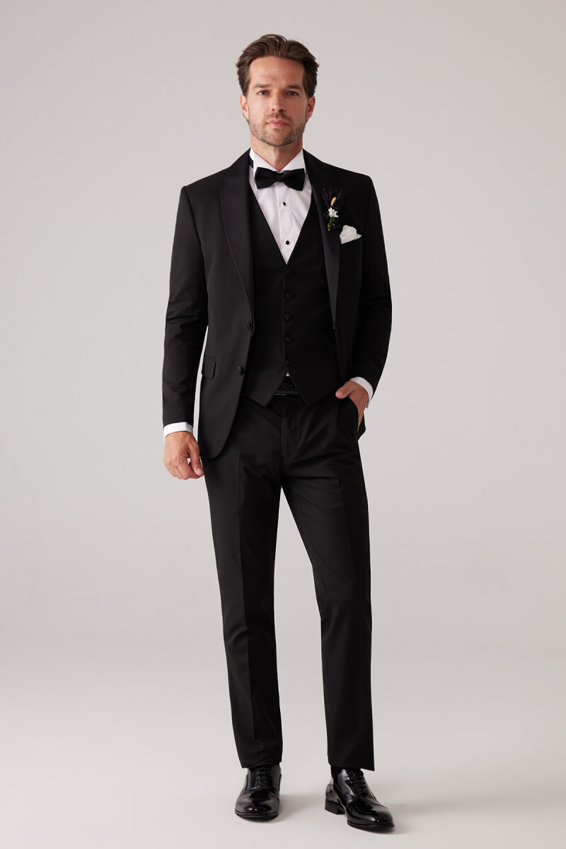 Erkek Siyah Mono Yaka Slim Fit Yelekli Damatlık - 4