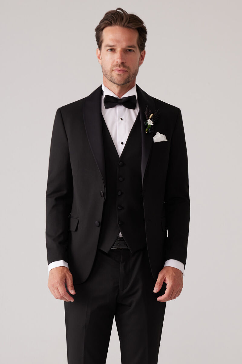 Erkek Siyah Mono Yaka Slim Fit Yelekli Damatlık - 5