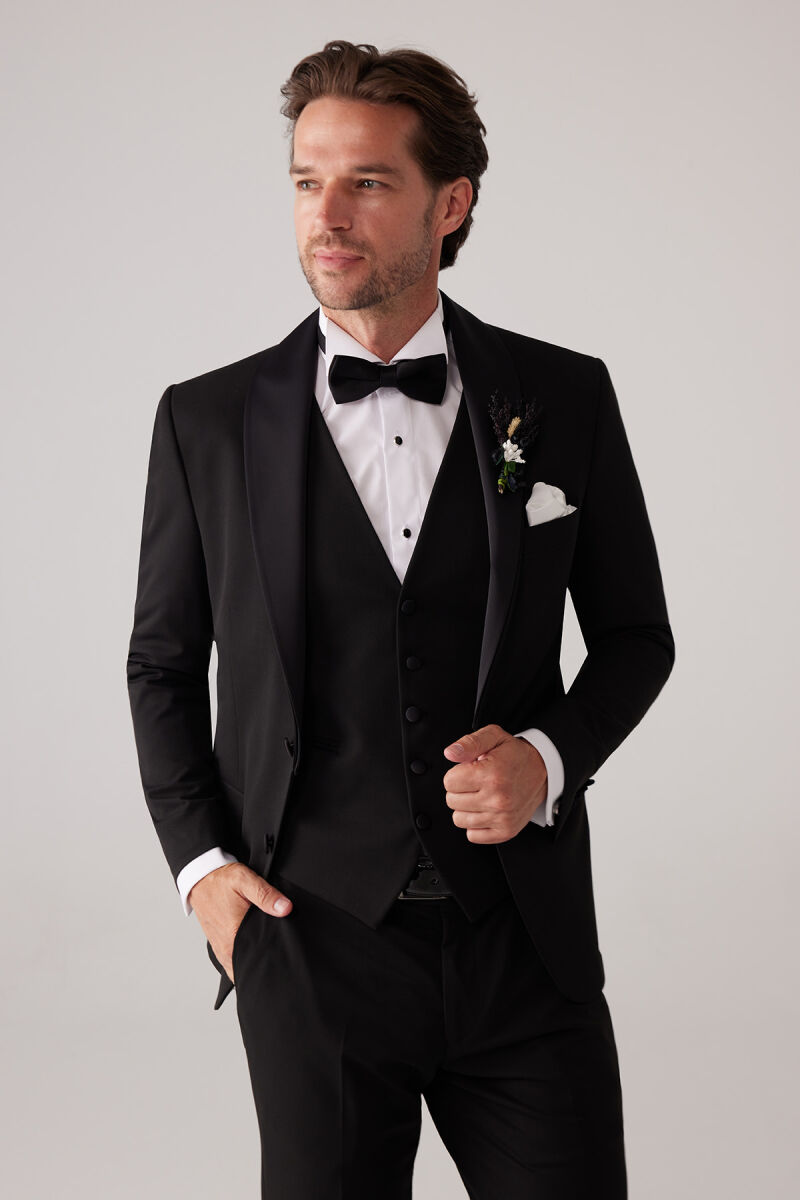 Erkek Siyah Mono Yaka Slim Fit Yelekli Damatlık - 6