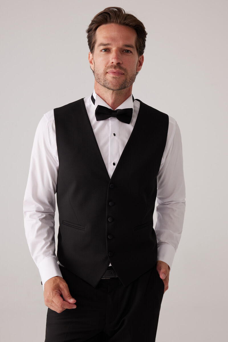Erkek Siyah Mono Yaka Slim Fit Yelekli Damatlık - 7
