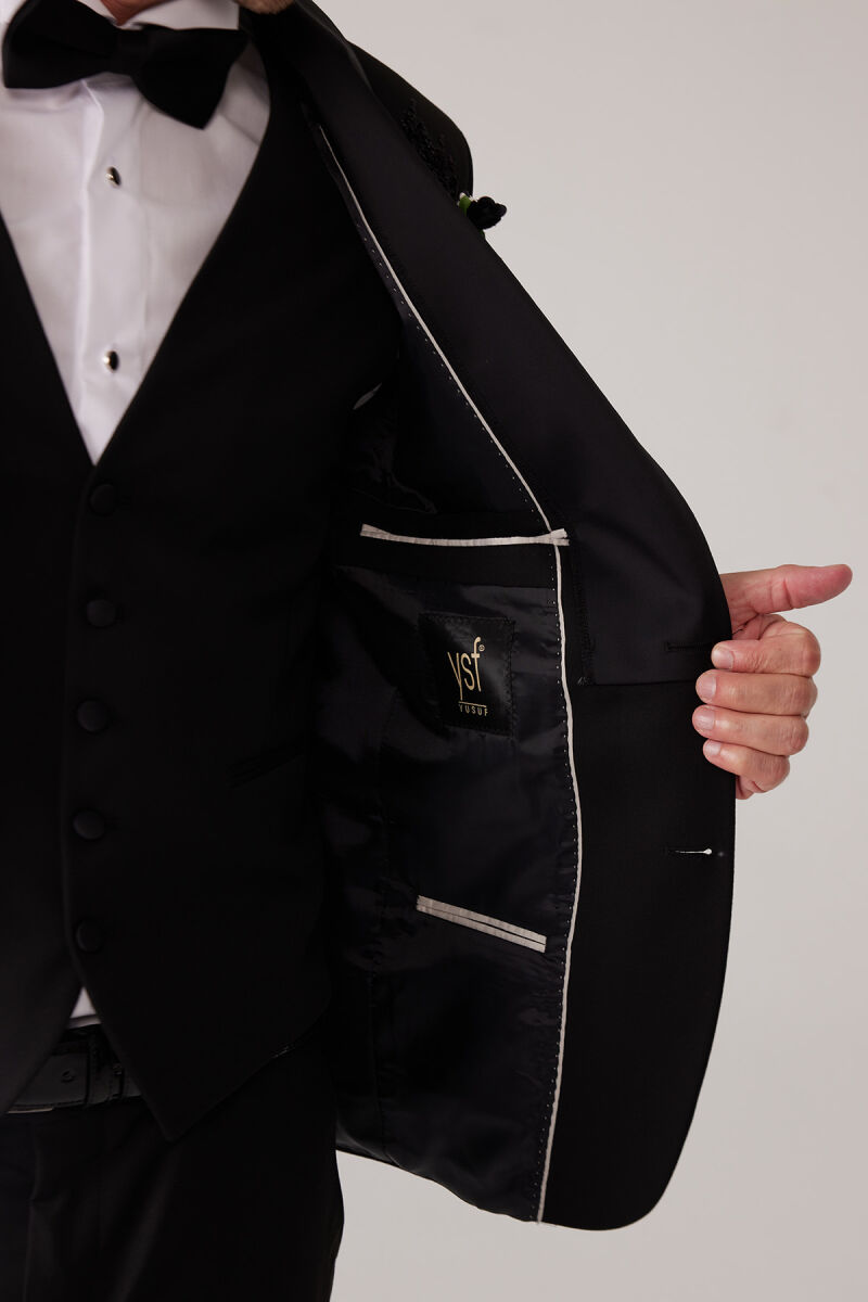 Erkek Siyah Mono Yaka Slim Fit Yelekli Damatlık - 9