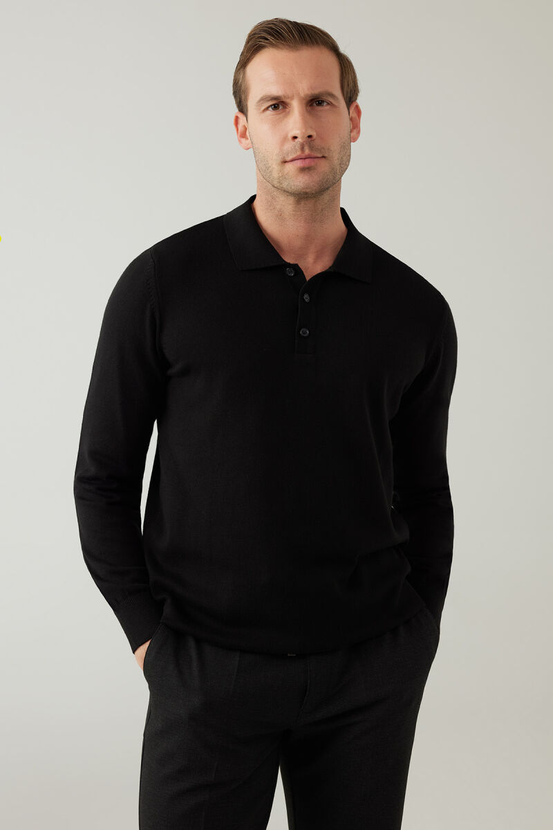 Erkek Siyah Pamuklu Polo Yaka Triko - 1