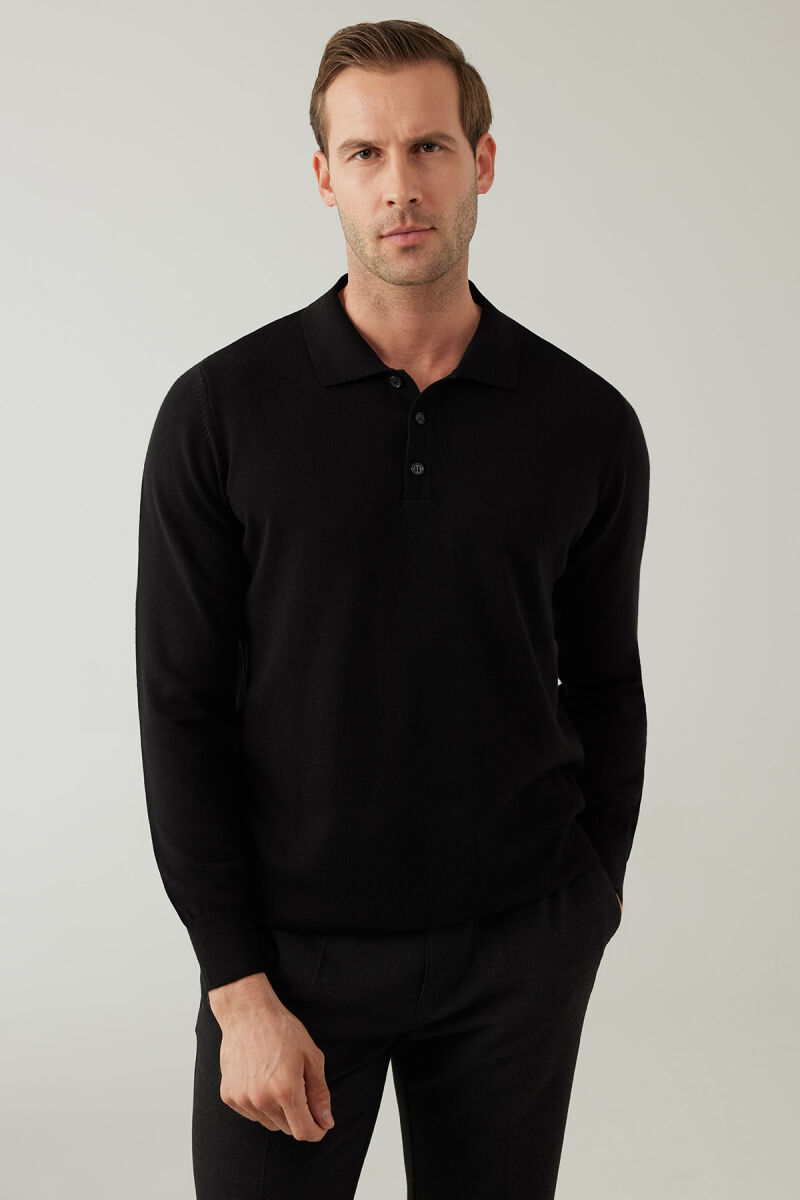Erkek Siyah Pamuklu Polo Yaka Triko - 3