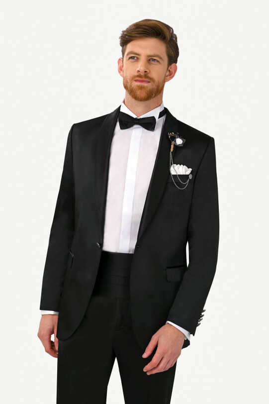 Erkek Siyah Parlak Şal Yaka Damatlık