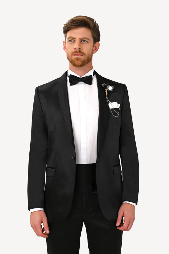 Erkek Siyah Parlak Şal Yaka Damatlık