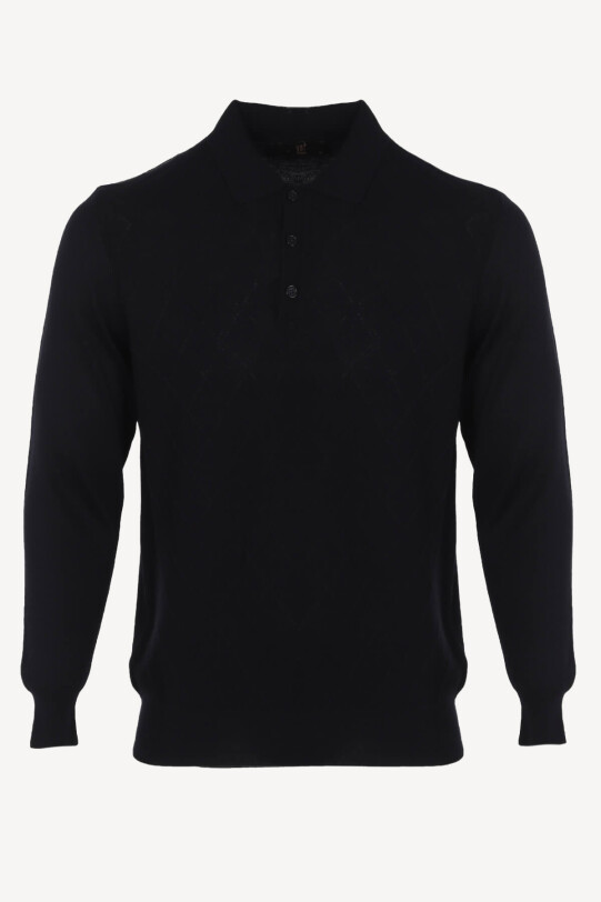 Erkek Siyah Polo Yaka Desenli Klasik Triko