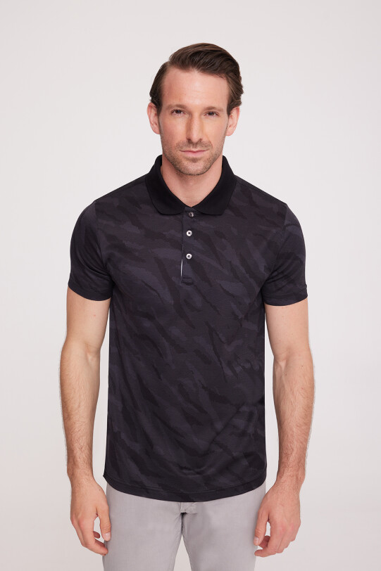 Erkek Siyah Polo Yaka Desenli T-Shirt