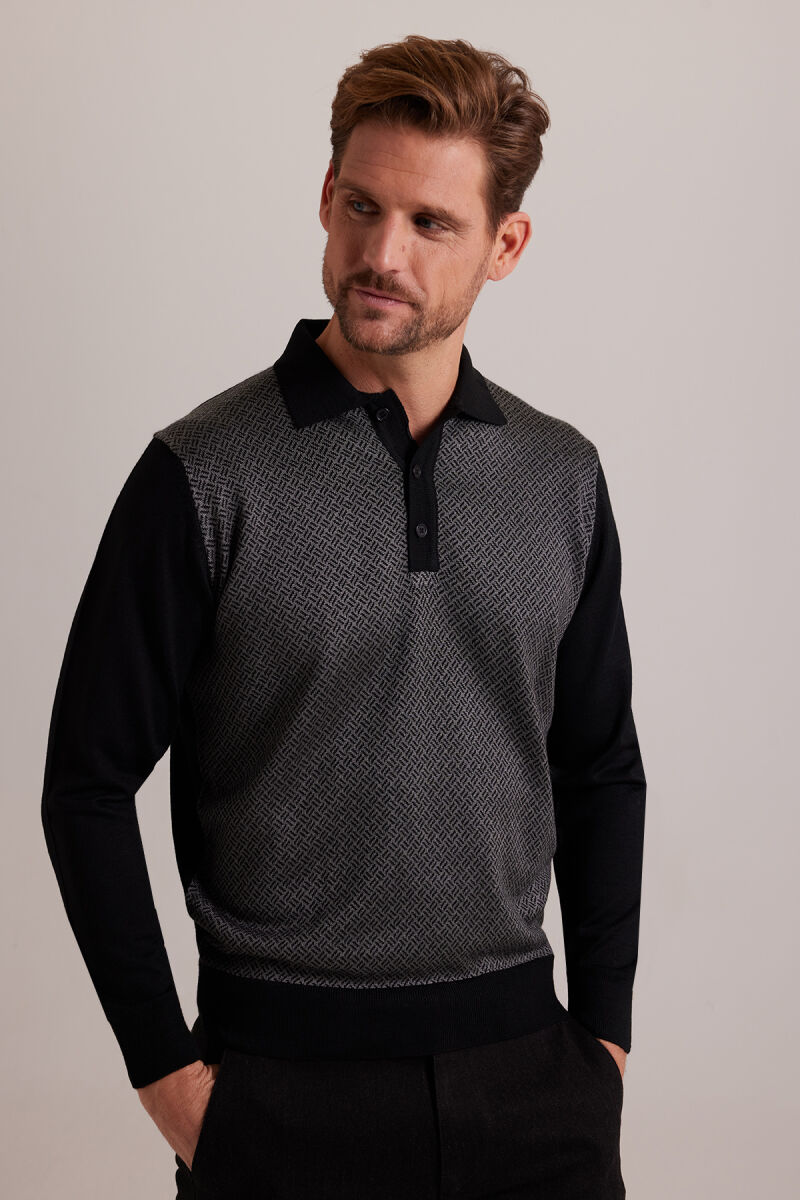 Erkek Siyah Polo Yaka Desenli Triko - 1