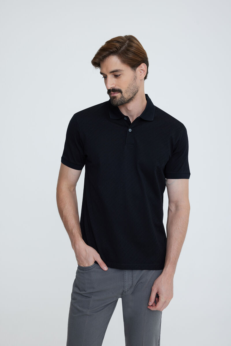 Erkek Siyah Polo Yaka Desenli TShirt - 2