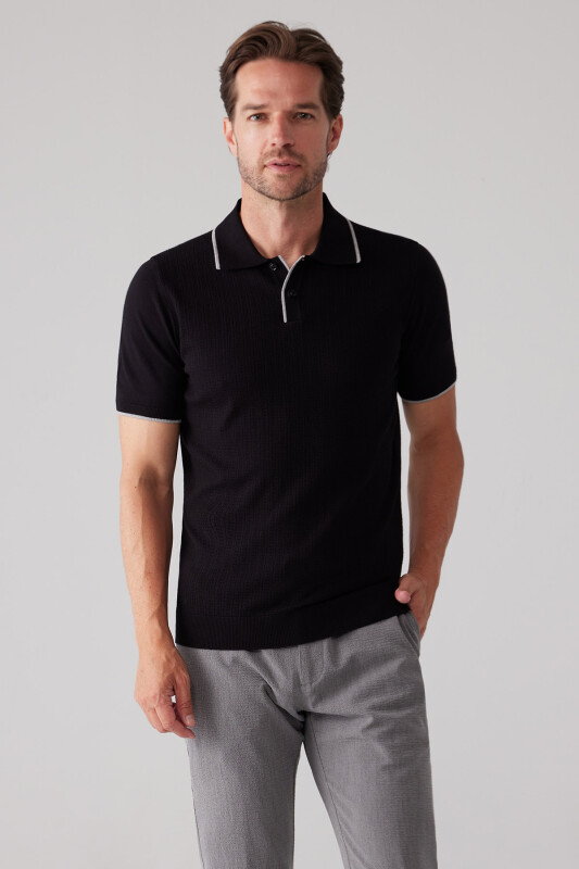 Erkek Siyah Polo Yaka Pamuk Kaşmir İçerikli T-shirt