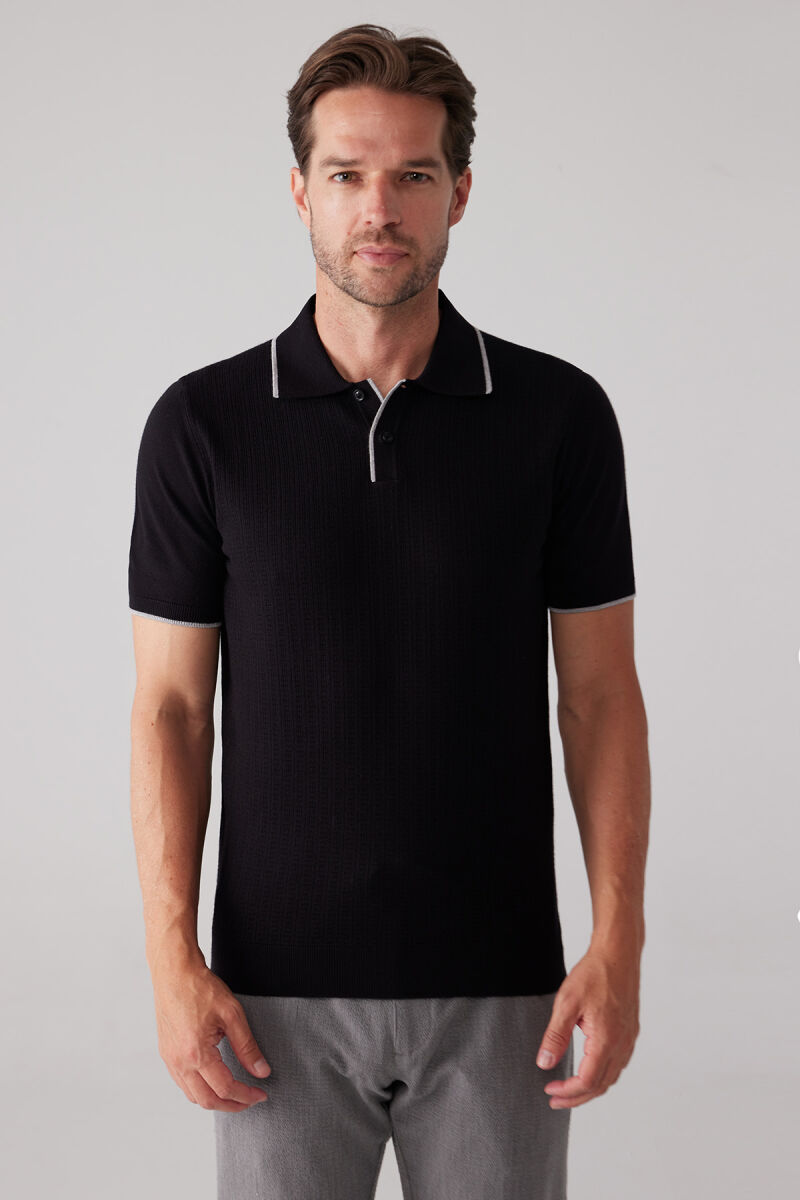 Erkek Siyah Polo Yaka Pamuk Kaşmir İçerikli T-shirt - 3