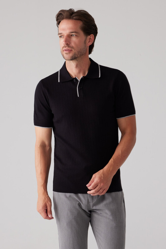 Erkek Siyah Polo Yaka Pamuk Kaşmir İçerikli T-shirt