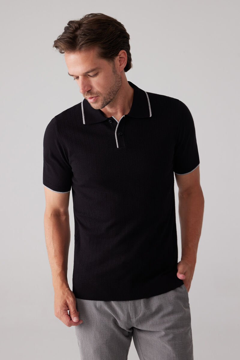 Erkek Siyah Polo Yaka Pamuk Kaşmir İçerikli T-shirt - 5