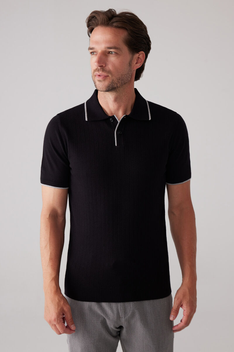 Erkek Siyah Polo Yaka Pamuk Kaşmir İçerikli T-shirt - 6