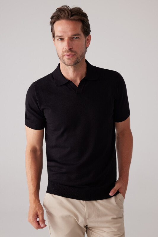 Erkek Siyah Polo Yaka Pamuk Kaşmir İçerikli T-shirt