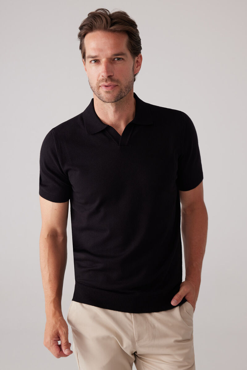 Erkek Siyah Polo Yaka Pamuk Kaşmir İçerikli T-shirt - 1