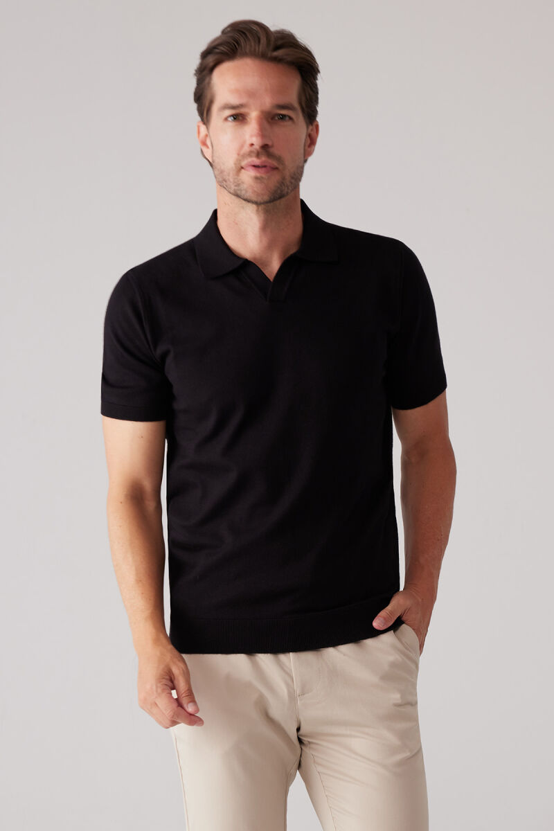 Erkek Siyah Polo Yaka Pamuk Kaşmir İçerikli T-shirt - 3
