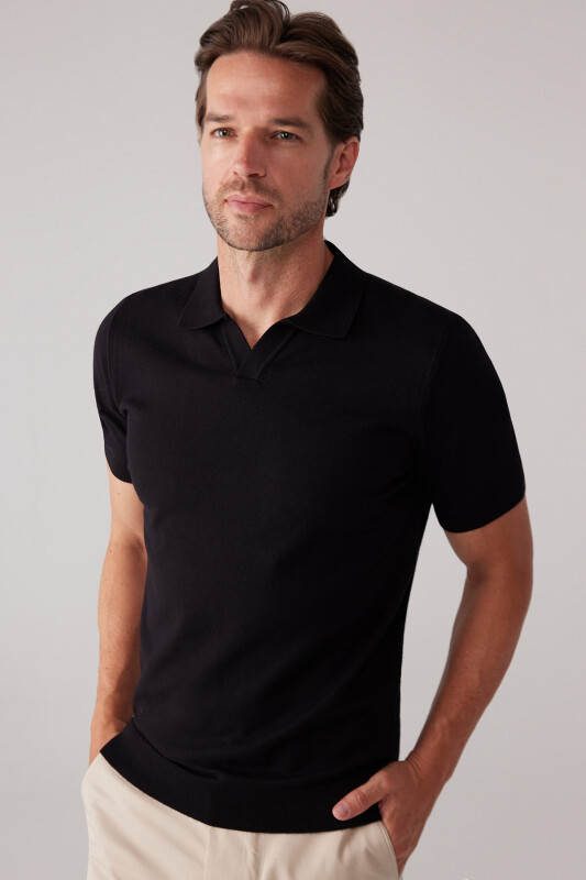 Erkek Siyah Polo Yaka Pamuk Kaşmir İçerikli T-shirt