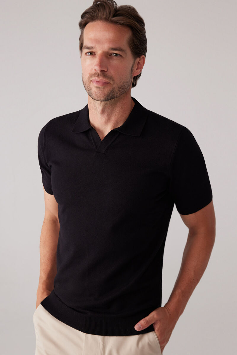 Erkek Siyah Polo Yaka Pamuk Kaşmir İçerikli T-shirt - 4