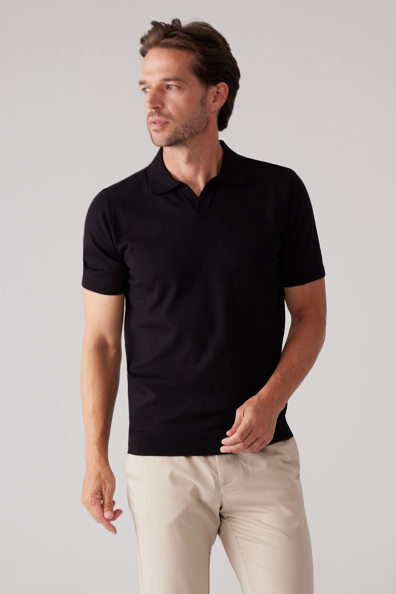 Erkek Siyah Polo Yaka Pamuk Kaşmir İçerikli T-shirt - 5