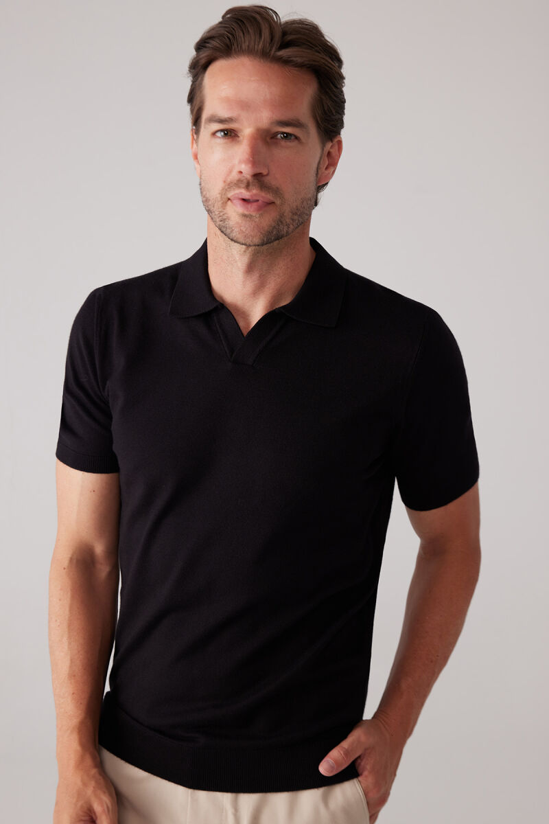 Erkek Siyah Polo Yaka Pamuk Kaşmir İçerikli T-shirt - 6