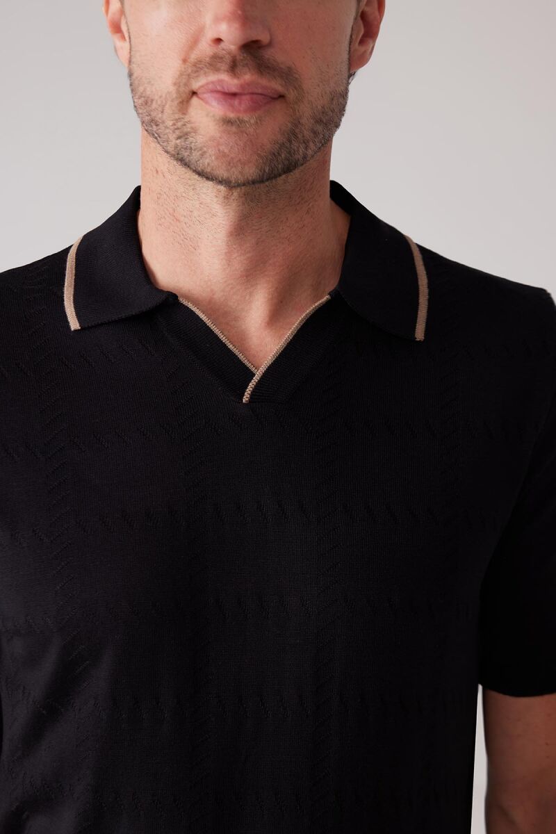 Erkek Siyah Polo Yaka Pamuklu Desenli Tişört - 7