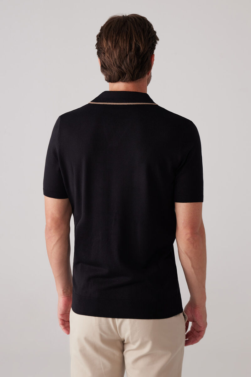 Erkek Siyah Polo Yaka Pamuklu Desenli Tişört - 8