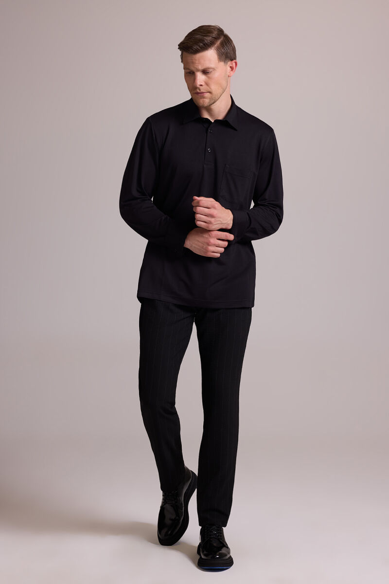 Erkek Siyah Polo Yaka Sweatshirt - 4
